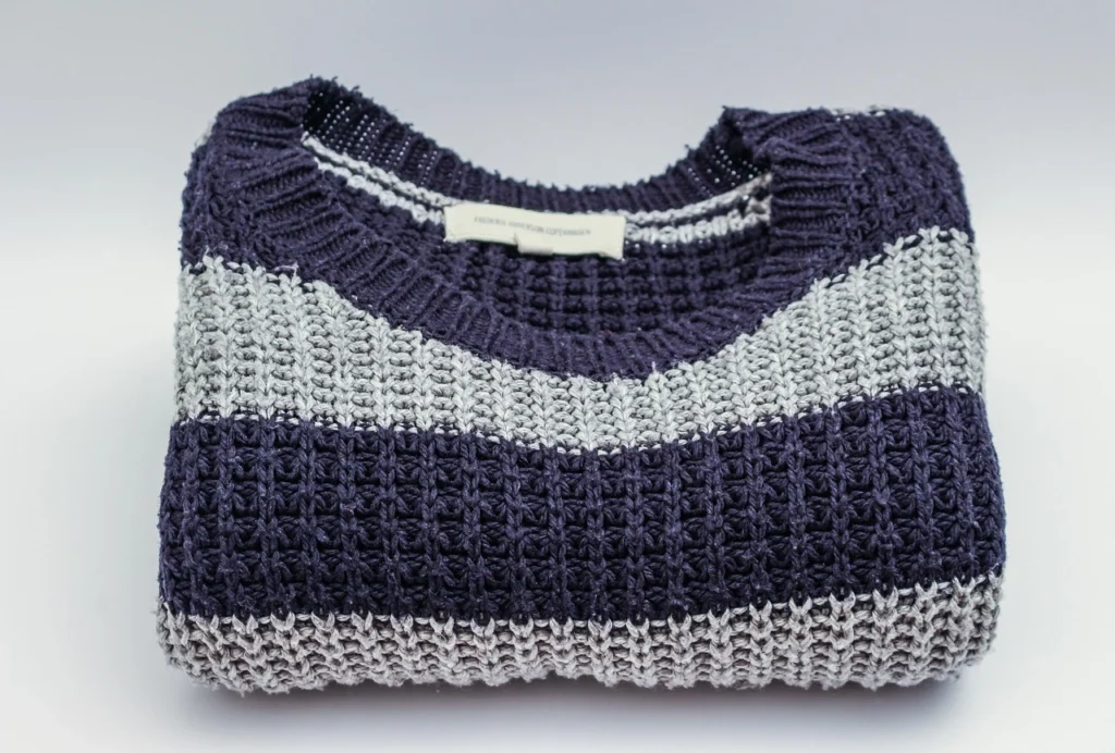 Navy Grey Striped Knit Sweater Folded 1024x692